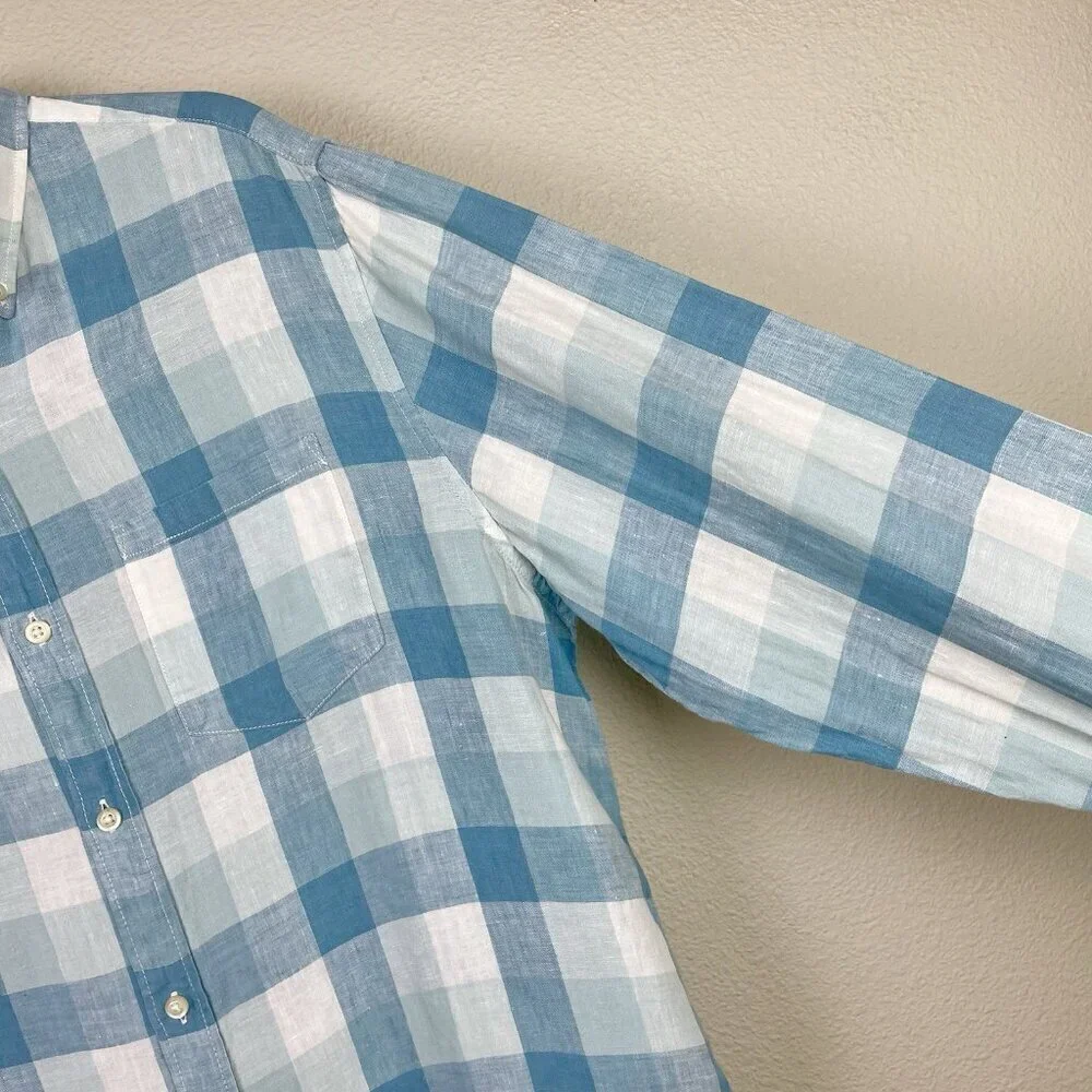 Banana Republic Men's Large Camden Fit 100% Linen Plaid Shirt Collare Button Blu